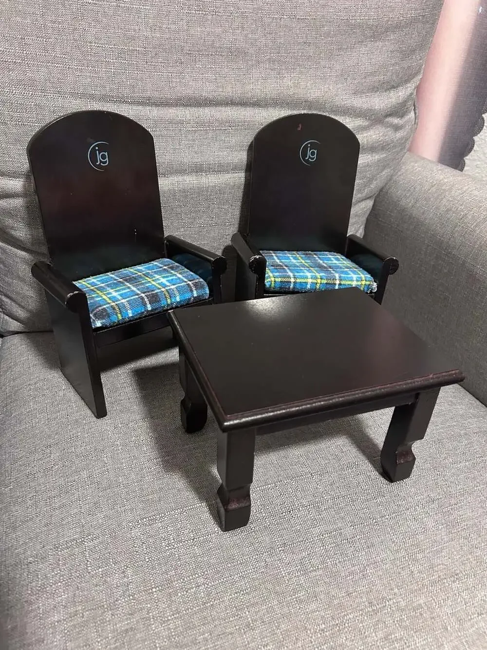 Journey Girls Wooden Doll Table and Chairs Set with Blue Plaid Cushions